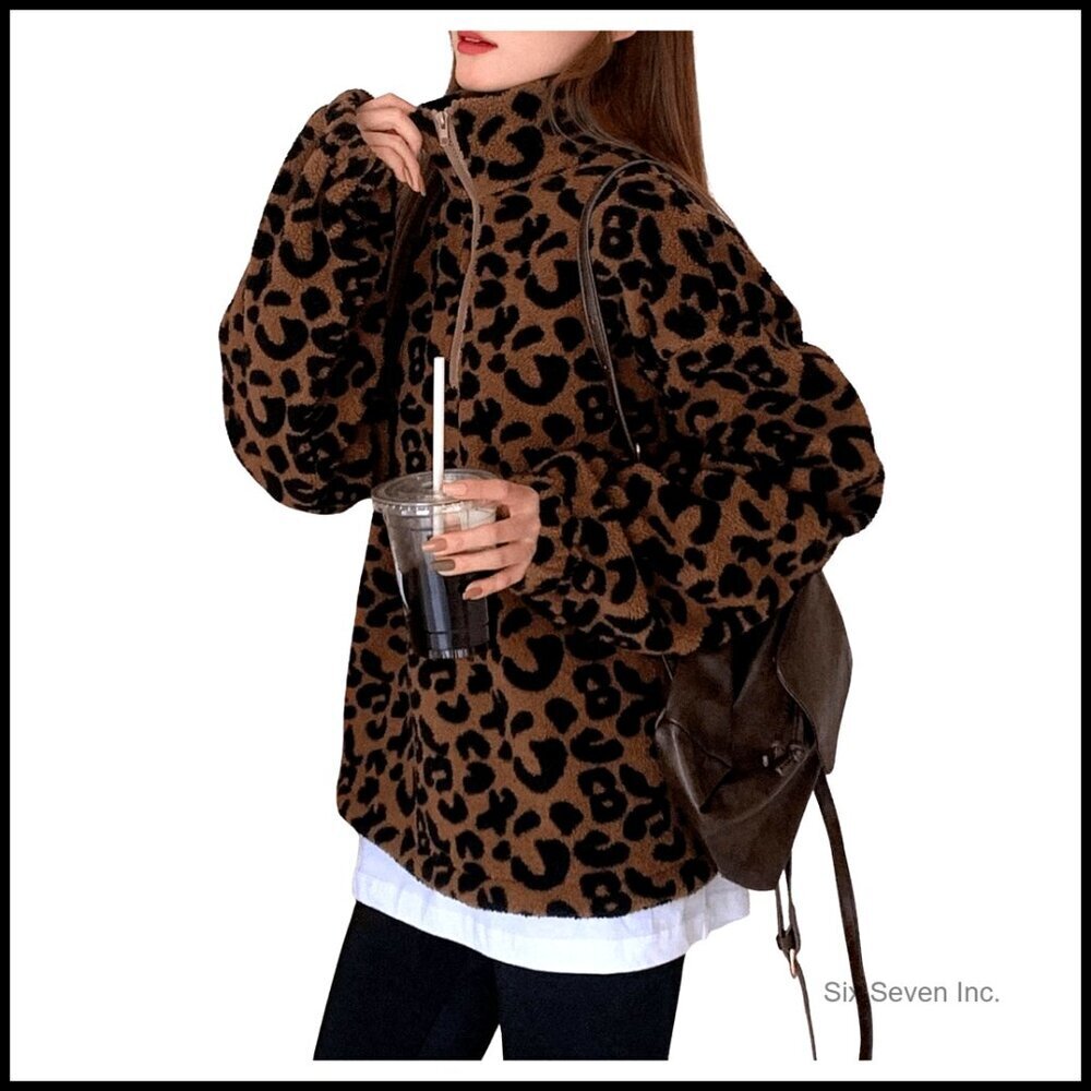 Leopard Print Half Zip Oversized Sweatshirt Drop Shoulder Long Sleeve Pullover